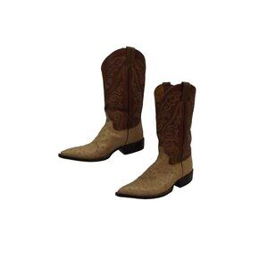 Lucchese 2000 Beige & Brown Ostrich Leather Cowboy Boots Size 8.5 B Wedding